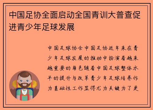 中国足协全面启动全国青训大普查促进青少年足球发展 中国足协全面启动全国青训大普查促进青少年足球发展